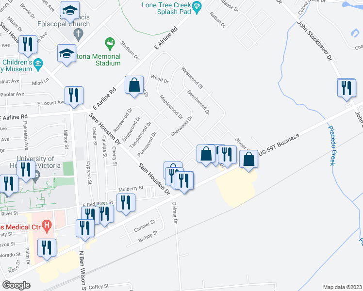 map of restaurants, bars, coffee shops, grocery stores, and more near 709 Rosewood Drive in Victoria