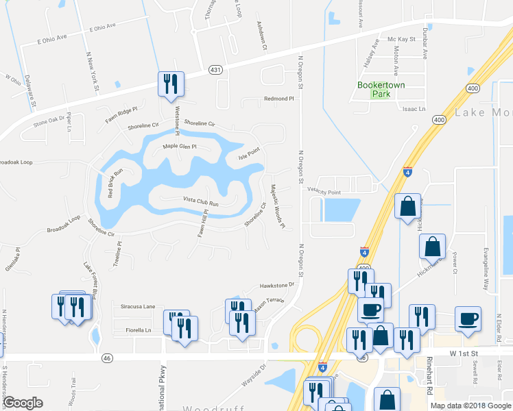 map of restaurants, bars, coffee shops, grocery stores, and more near 5212 Shoreline Circle in Sanford