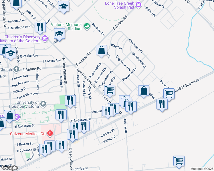 map of restaurants, bars, coffee shops, grocery stores, and more near 201 Palmwood Drive in Victoria