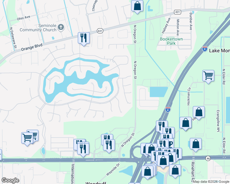 map of restaurants, bars, coffee shops, grocery stores, and more near 5212 Shoreline Circle in Sanford