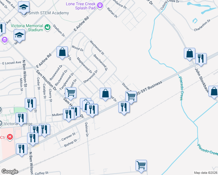 map of restaurants, bars, coffee shops, grocery stores, and more near 204 Maplewood Drive in Victoria