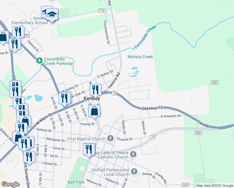 map of restaurants, bars, coffee shops, grocery stores, and more near 241 Texas 72 in Kenedy