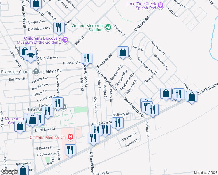 map of restaurants, bars, coffee shops, grocery stores, and more near 3406 Catalpa Street in Victoria