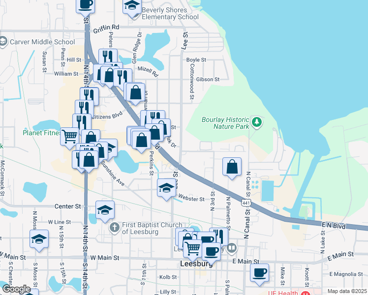 map of restaurants, bars, coffee shops, grocery stores, and more near 800 Lee Street in Leesburg