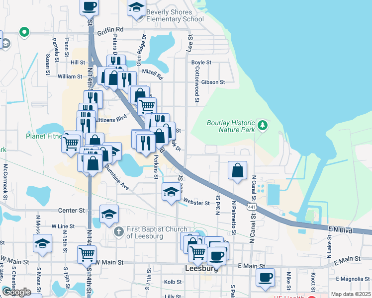 map of restaurants, bars, coffee shops, grocery stores, and more near Lee Street in Leesburg