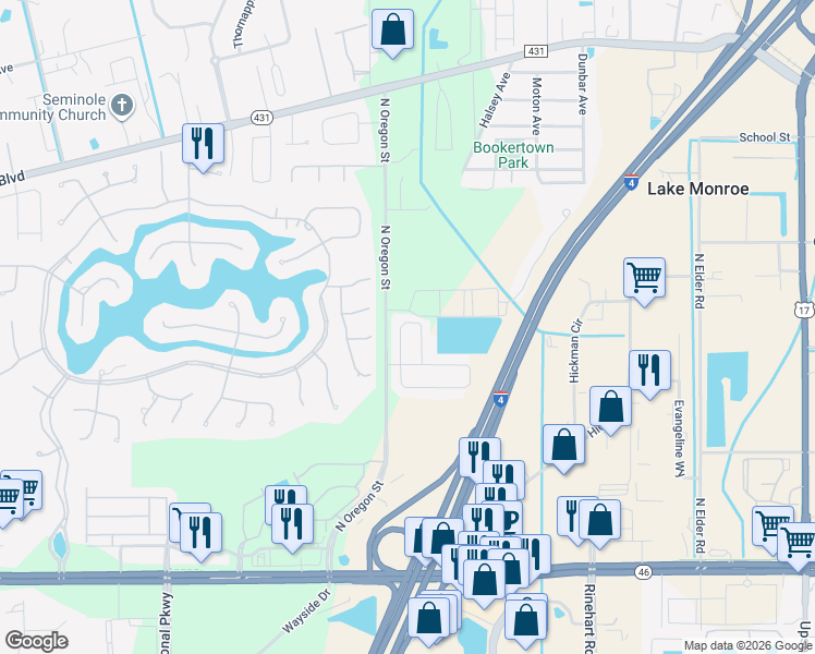 map of restaurants, bars, coffee shops, grocery stores, and more near 500 Bottlebrush Loop in Sanford