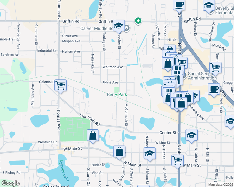 map of restaurants, bars, coffee shops, grocery stores, and more near 2121 Johns Avenue in Leesburg