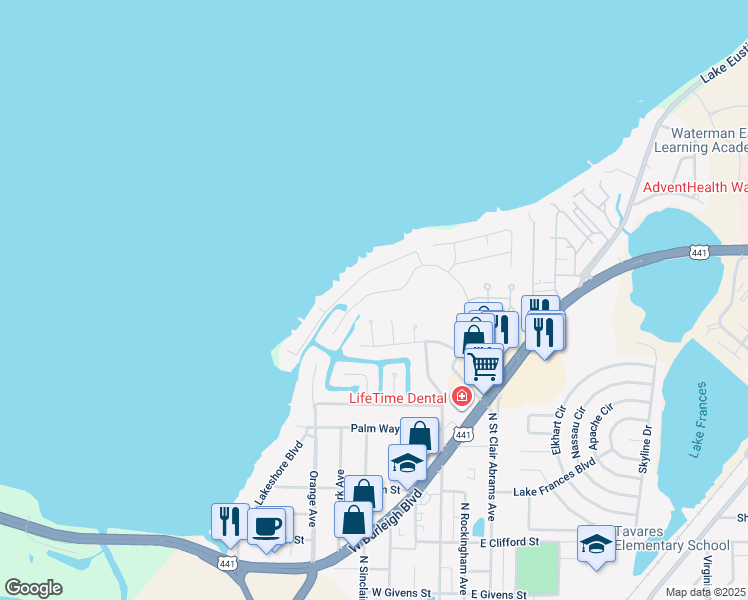 map of restaurants, bars, coffee shops, grocery stores, and more near 389 Reserve Drive in Tavares