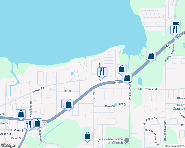 map of restaurants, bars, coffee shops, grocery stores, and more near 309 Watershore Drive in Leesburg