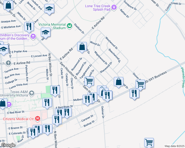 map of restaurants, bars, coffee shops, grocery stores, and more near 135 Sherwood Drive in Victoria