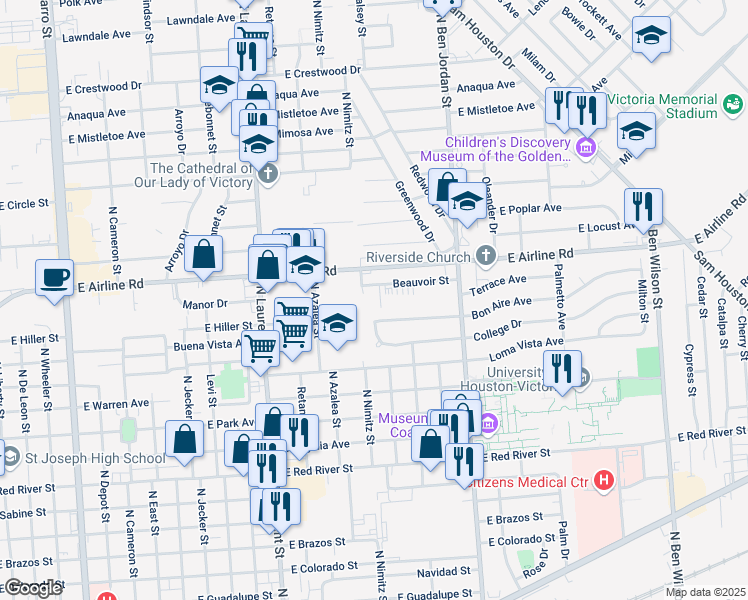 map of restaurants, bars, coffee shops, grocery stores, and more near 1806 Bon Aire Avenue in Victoria