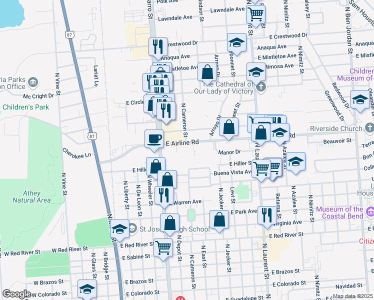 map of restaurants, bars, coffee shops, grocery stores, and more near 702 East Hiller Street in Victoria