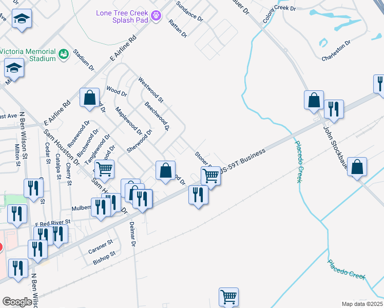map of restaurants, bars, coffee shops, grocery stores, and more near 119 Stoner Road in Victoria