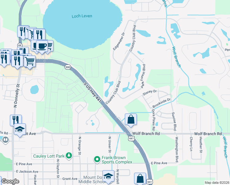 map of restaurants, bars, coffee shops, grocery stores, and more near 1540 Park Forest Boulevard in Mount Dora