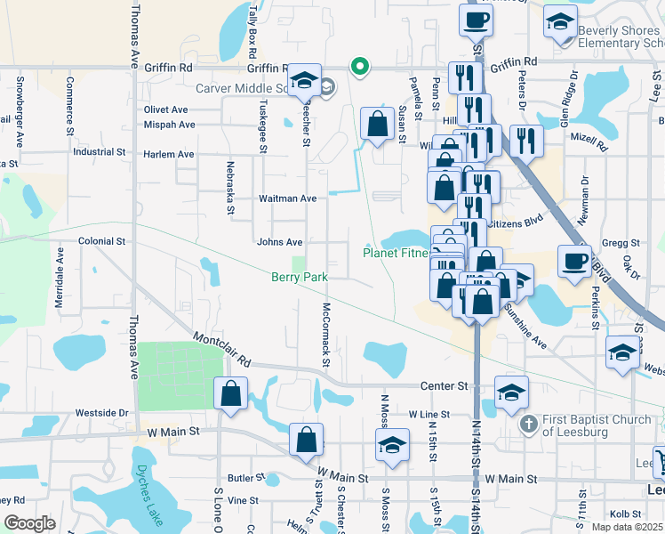 map of restaurants, bars, coffee shops, grocery stores, and more near 804 McCormack Street in Leesburg