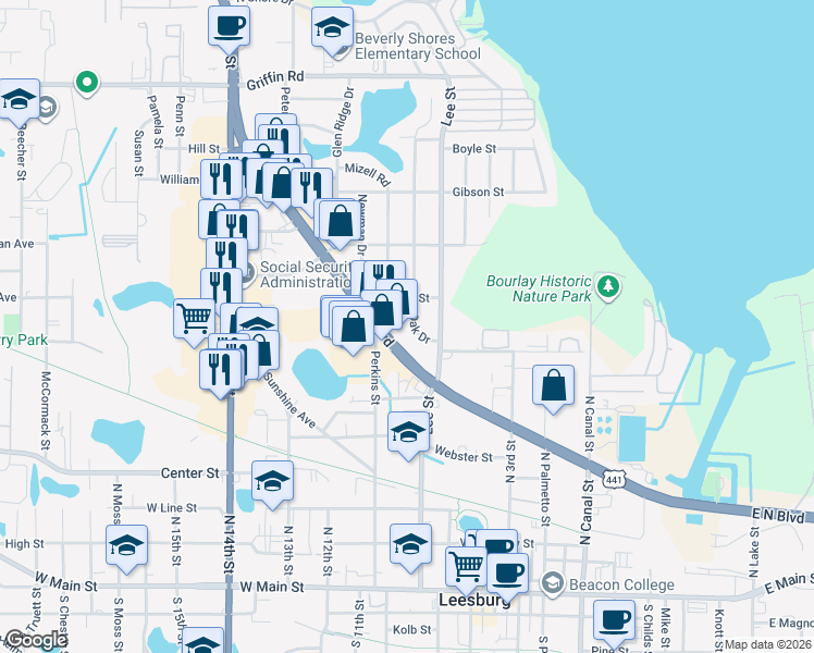 map of restaurants, bars, coffee shops, grocery stores, and more near 815 Oak Drive in Leesburg