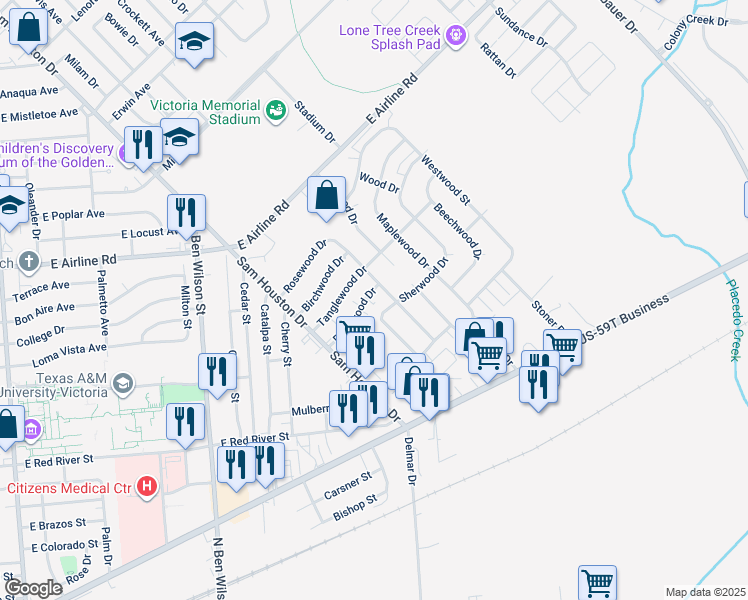 map of restaurants, bars, coffee shops, grocery stores, and more near 605 Rosewood Drive in Victoria