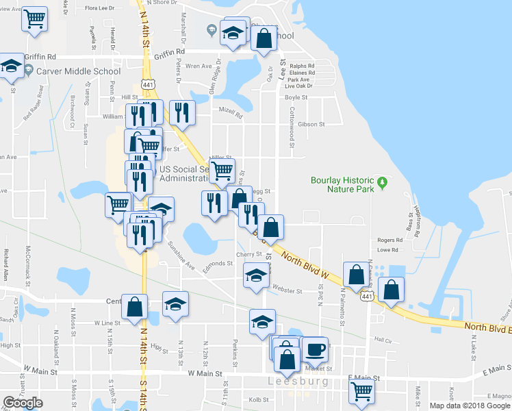 map of restaurants, bars, coffee shops, grocery stores, and more near 817 Oak Drive in Leesburg