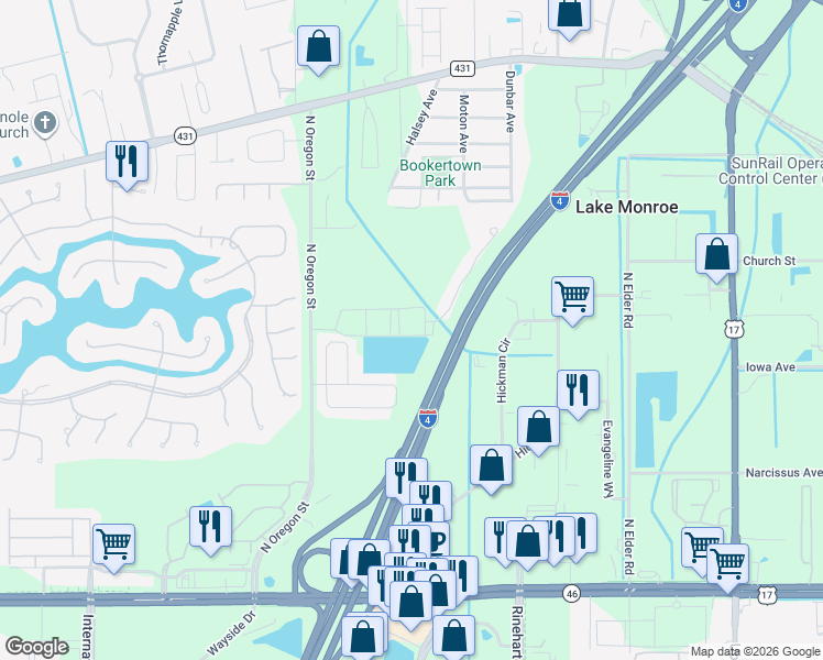 map of restaurants, bars, coffee shops, grocery stores, and more near 4846 Veracity Point in Sanford