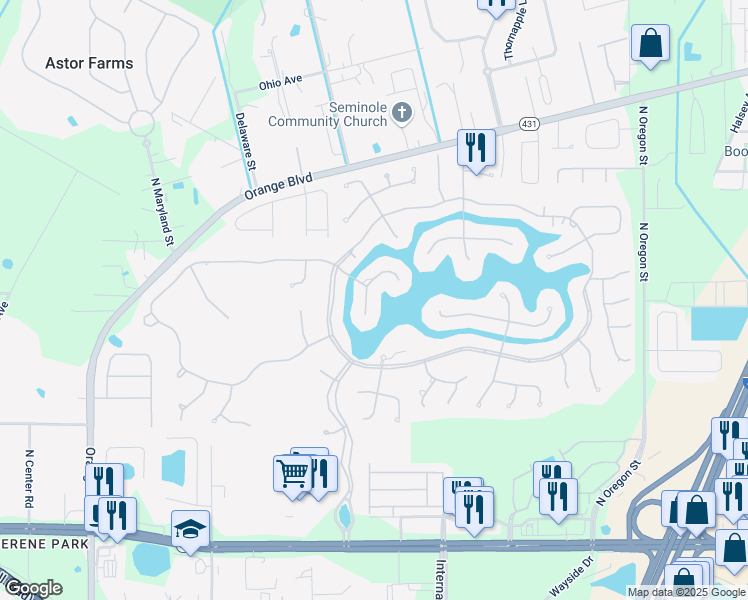 map of restaurants, bars, coffee shops, grocery stores, and more near 4887 Red Brick Run in Sanford