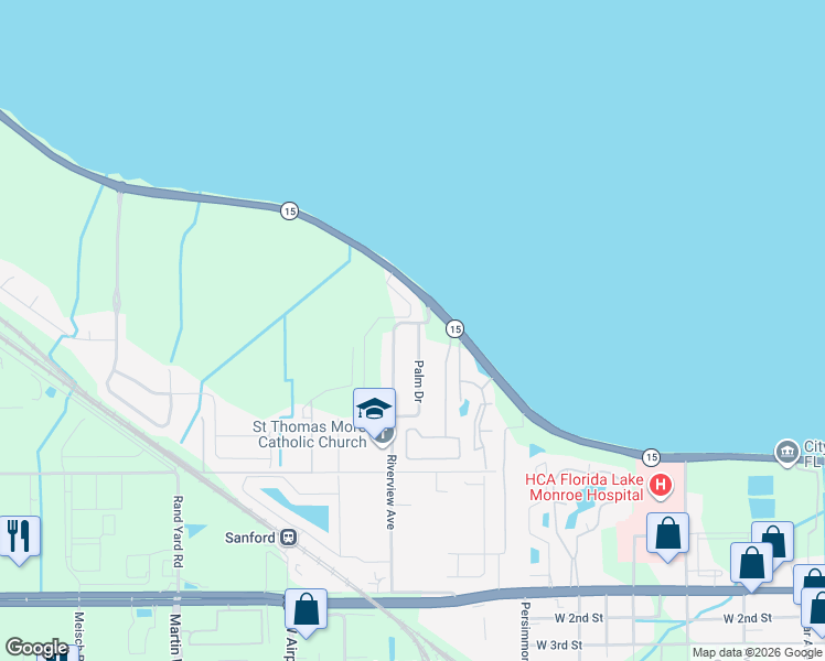 map of restaurants, bars, coffee shops, grocery stores, and more near 438 Palm Drive in Sanford