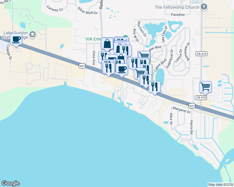 map of restaurants, bars, coffee shops, grocery stores, and more near 32405 Beach Park Road in Leesburg