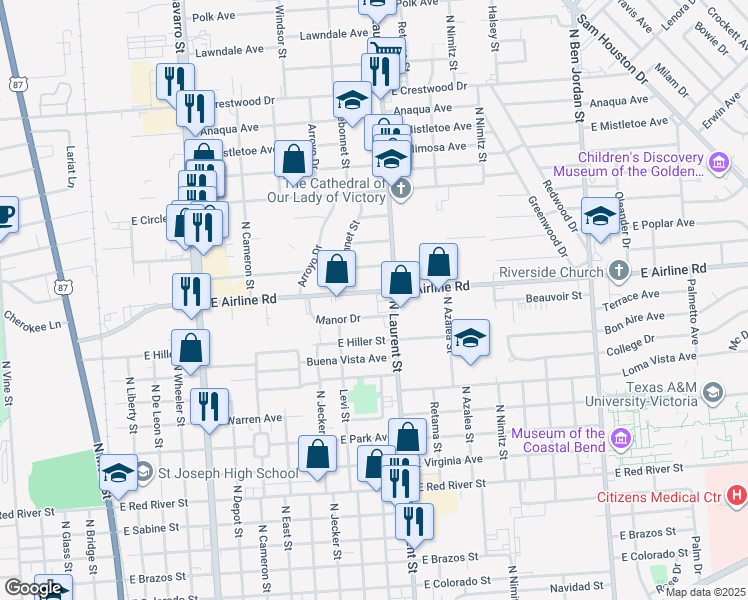 map of restaurants, bars, coffee shops, grocery stores, and more near 1207 East Airline Road in Victoria