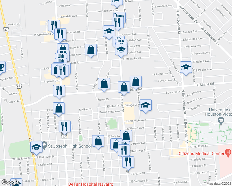 map of restaurants, bars, coffee shops, grocery stores, and more near 1207 East Airline Road in Victoria