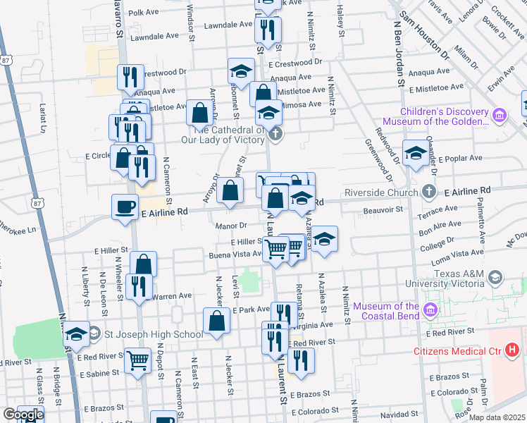 map of restaurants, bars, coffee shops, grocery stores, and more near 1207 East Airline Road in Victoria