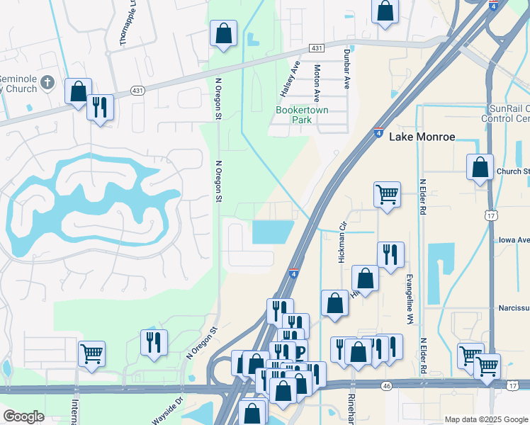 map of restaurants, bars, coffee shops, grocery stores, and more near 4850 Veracity Point in Sanford