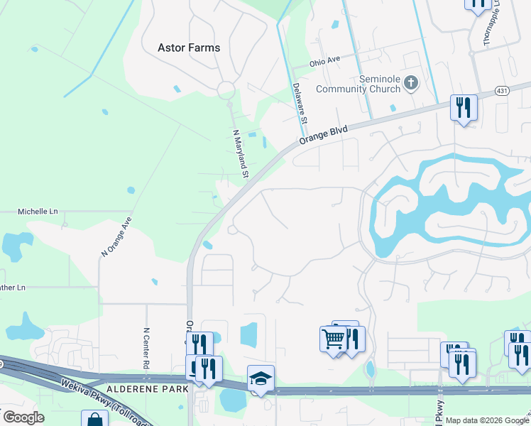 map of restaurants, bars, coffee shops, grocery stores, and more near 5590 Whispering Woods Point in Sanford
