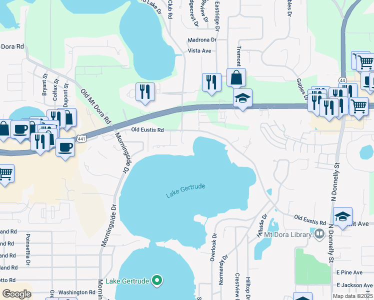 map of restaurants, bars, coffee shops, grocery stores, and more near 2720 Sandspur Point in Mount Dora