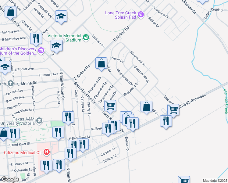map of restaurants, bars, coffee shops, grocery stores, and more near 605 Rosewood Drive in Victoria