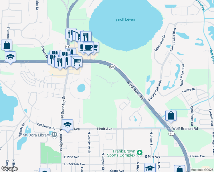 map of restaurants, bars, coffee shops, grocery stores, and more near 19080-19366 State Highway 500 in Mt Dora