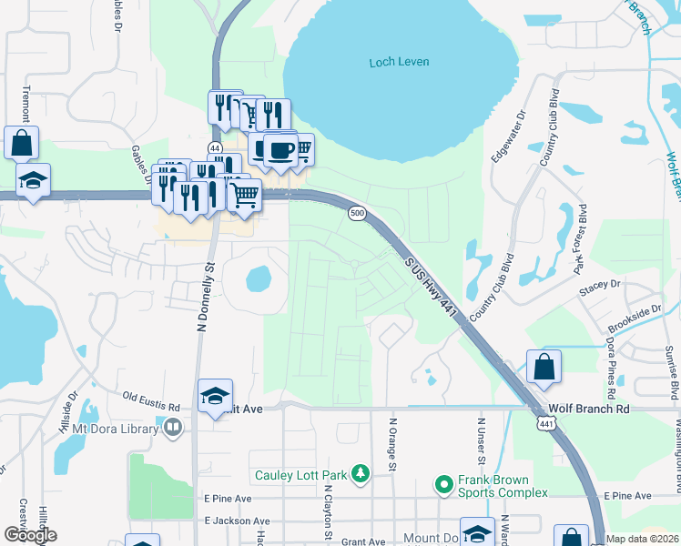 map of restaurants, bars, coffee shops, grocery stores, and more near 19080-19366 State Highway 500 in Mt Dora
