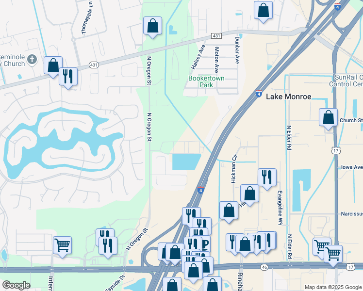 map of restaurants, bars, coffee shops, grocery stores, and more near 4850 Veracity Point in Sanford