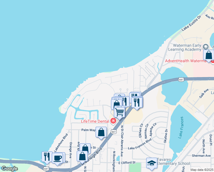 map of restaurants, bars, coffee shops, grocery stores, and more near 1911 Banning Beach Road in Tavares