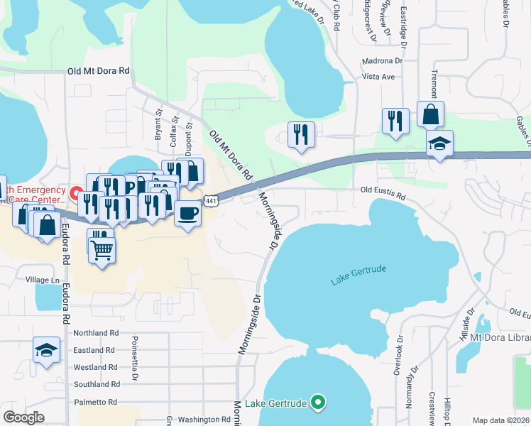 map of restaurants, bars, coffee shops, grocery stores, and more near 1745 Hannah Drive in Mount Dora