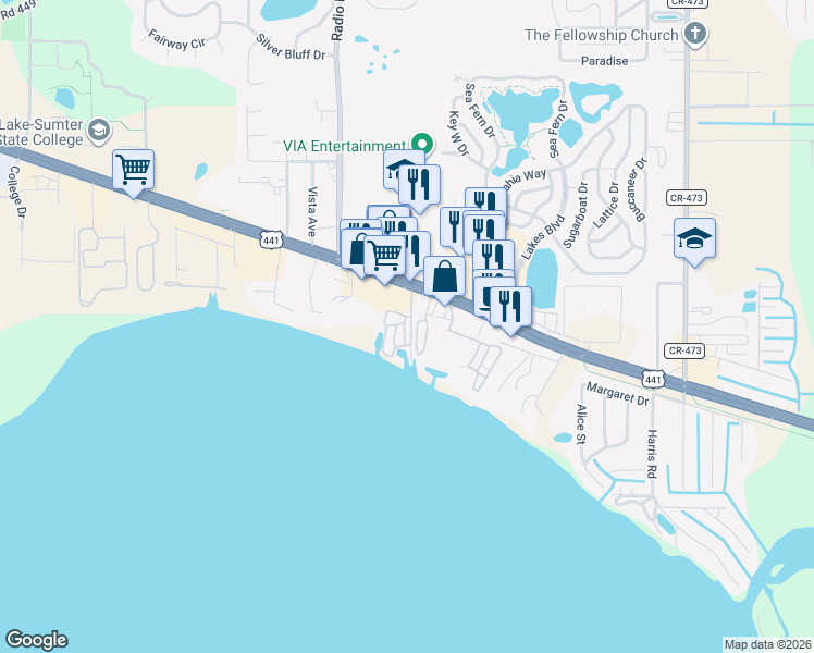 map of restaurants, bars, coffee shops, grocery stores, and more near 32405 Beach Park Road in Leesburg