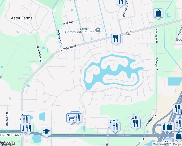 map of restaurants, bars, coffee shops, grocery stores, and more near 4887 Red Brick Run in Sanford