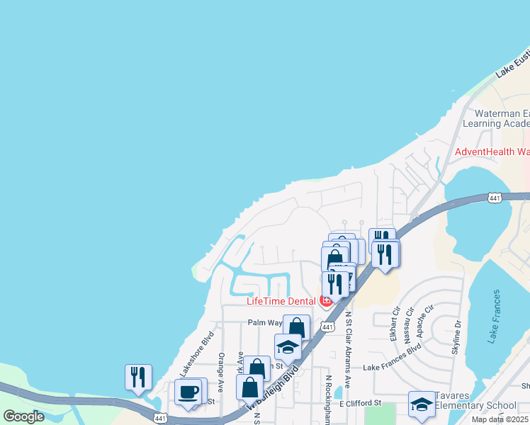 map of restaurants, bars, coffee shops, grocery stores, and more near 381 Banning Beach Road in Tavares