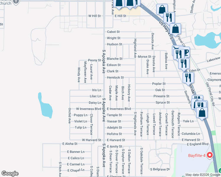 map of restaurants, bars, coffee shops, grocery stores, and more near 832 Cedar Avenue in Inverness