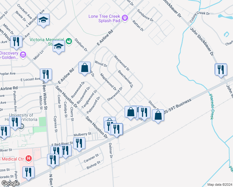 map of restaurants, bars, coffee shops, grocery stores, and more near 206 Sherwood Drive in Victoria