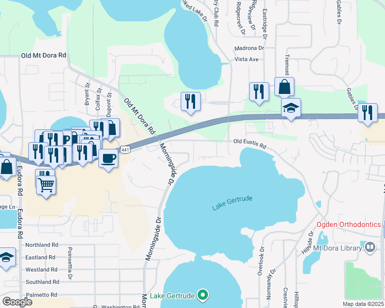 map of restaurants, bars, coffee shops, grocery stores, and more near 1545 Sunset Circle in Mount Dora