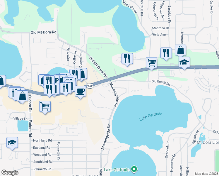 map of restaurants, bars, coffee shops, grocery stores, and more near 1775 Hannah Drive in Mount Dora