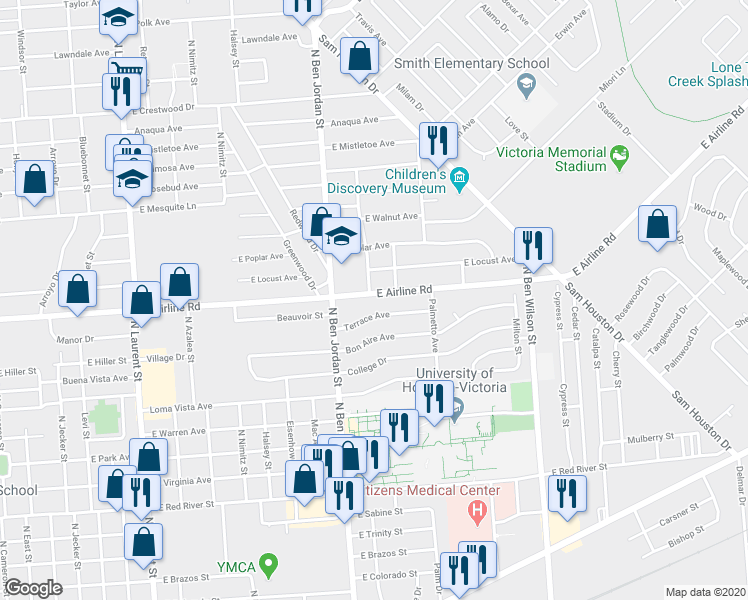 map of restaurants, bars, coffee shops, grocery stores, and more near 2205B East Airline Road in Victoria