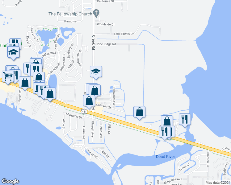 map of restaurants, bars, coffee shops, grocery stores, and more near 11232 Juneau Street in Leesburg