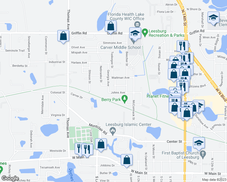 map of restaurants, bars, coffee shops, grocery stores, and more near 801 Talladega Street in Leesburg