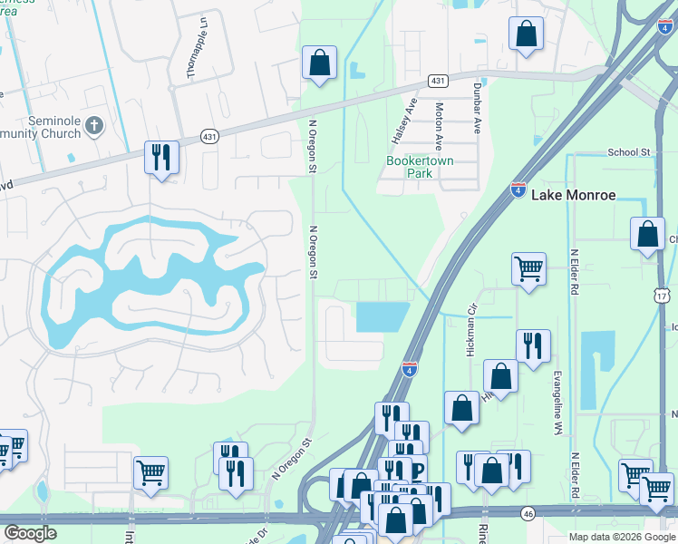 map of restaurants, bars, coffee shops, grocery stores, and more near 4850 Veracity Point in Sanford