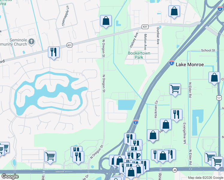 map of restaurants, bars, coffee shops, grocery stores, and more near 4850 Veracity Point in Sanford